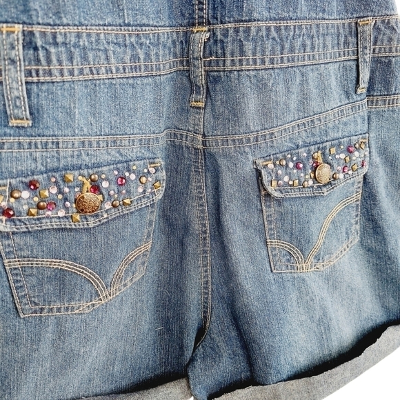 VTG Bib Overall Denim Shortalls Y2K 90's Small Medium ? Embellished Cutoffs - Picture 5 of 14